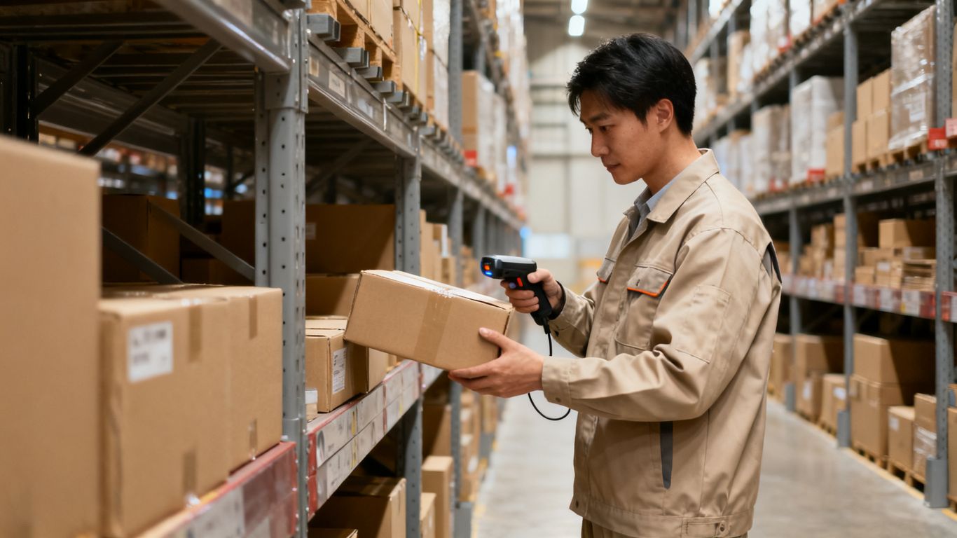 Warehouse shelves with organized cartons and inventory being checked