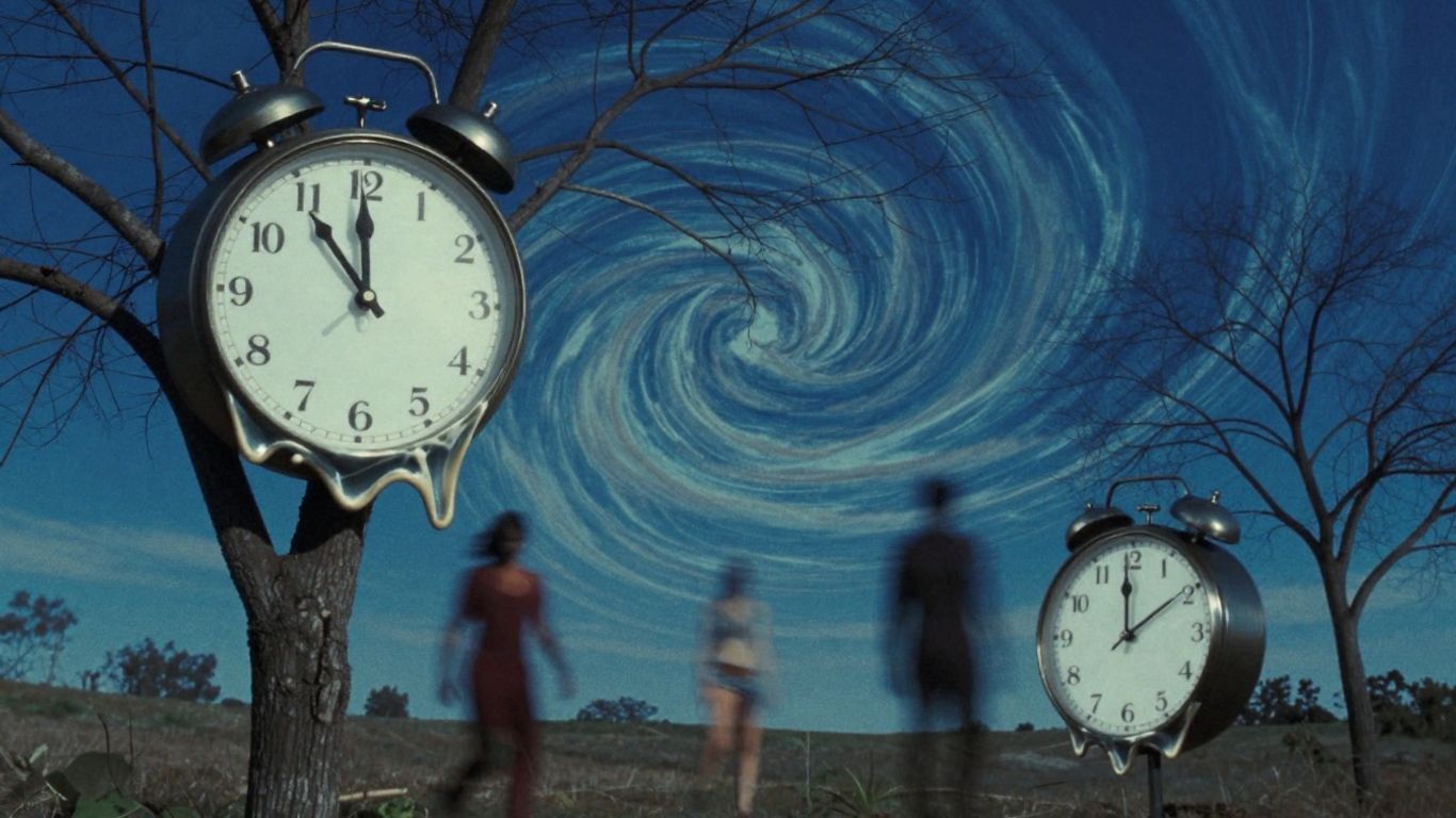 Surrealistische Landschaft mit schmelzenden Uhren und verzerrten Figuren.