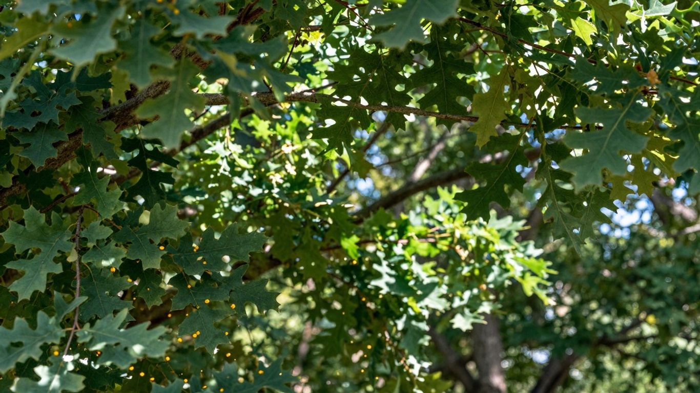 Oak tree foliage blocking view with pollen in foreground.