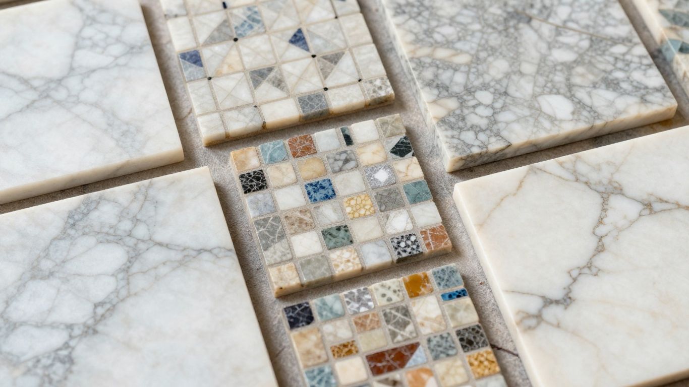 Marble mosaic tiles in various patterns and colors.