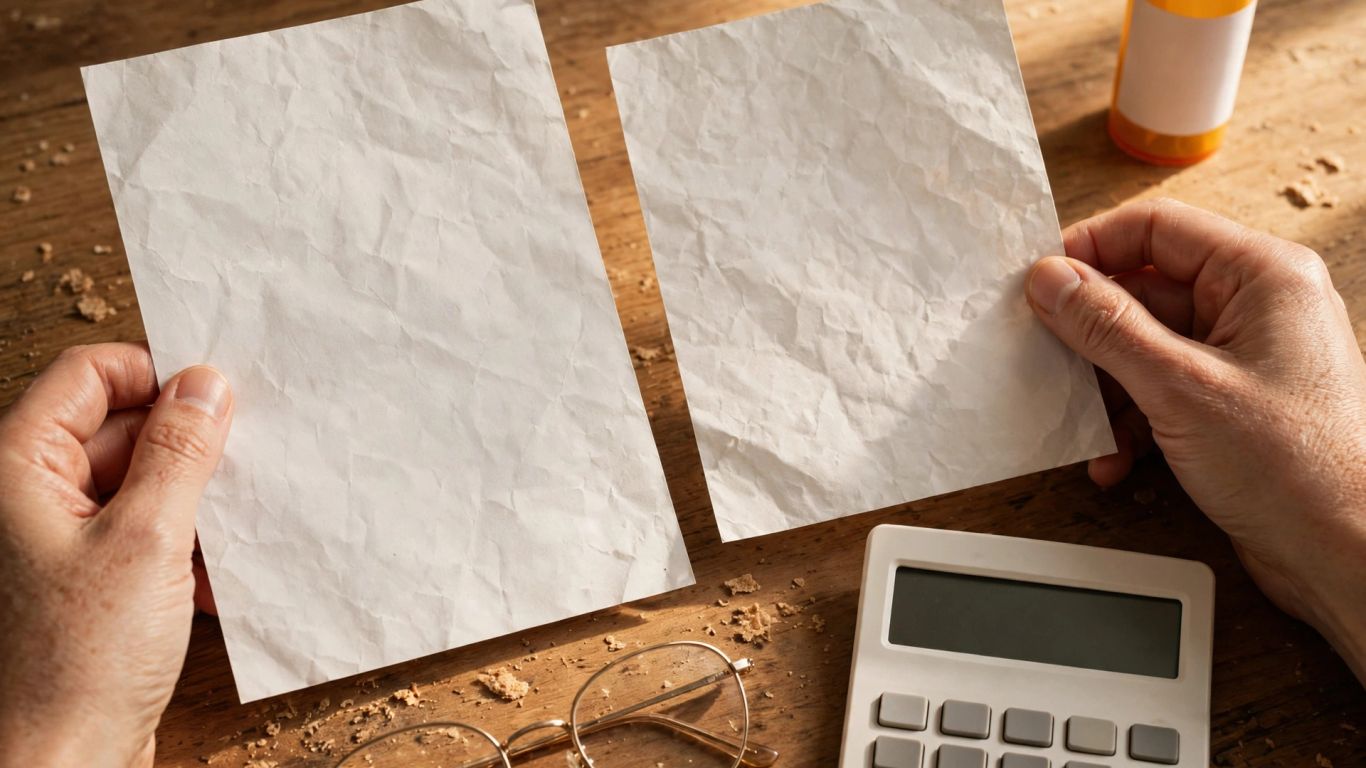 Medicare plan documents and calculator on a table