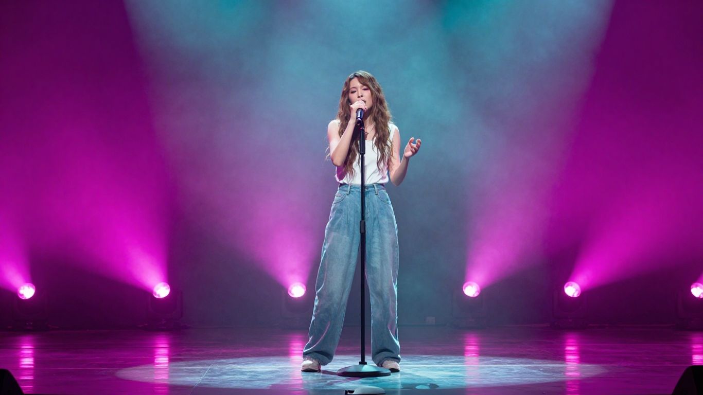 Singer performing beneath colored stage lights