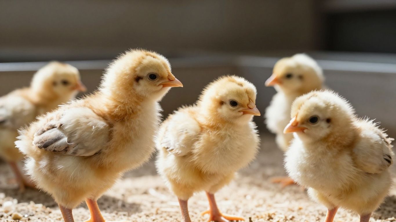 Zdrowe pisklęta drobiu w czystym środowisku hodowlanym.