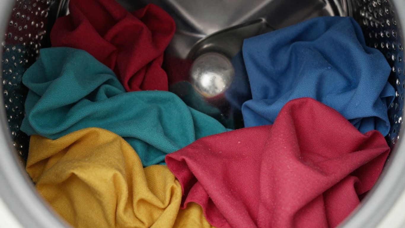 Washing machine with colorful fabrics and water droplets.