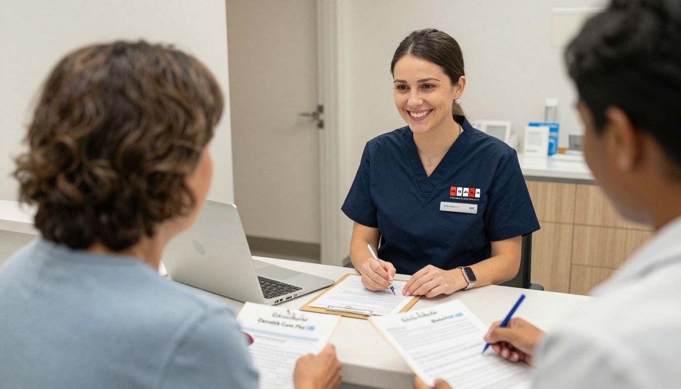 A friendly receptionist at a dental clinic helping a senior patient with paperwork for the Canada Dental Care Plan.