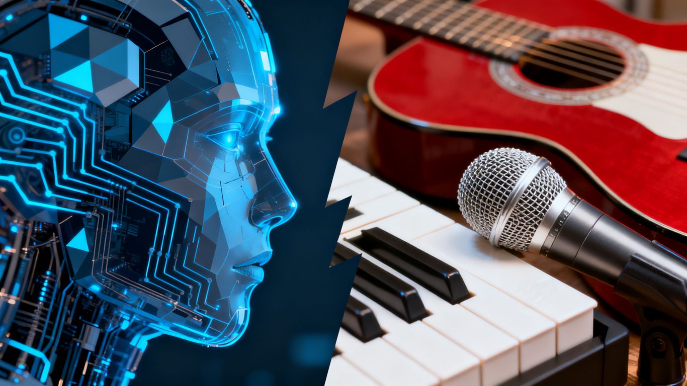 AI and musical instruments in visual conflict.