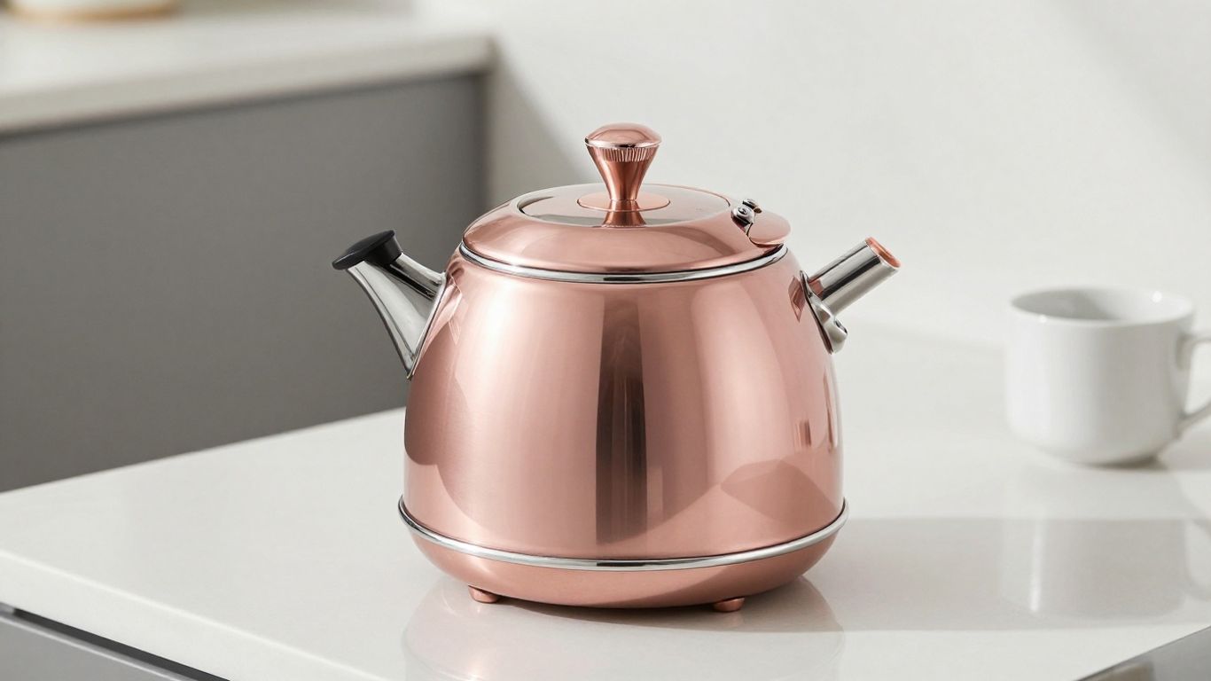 Stylish rose gold electric kettle on a kitchen counter.