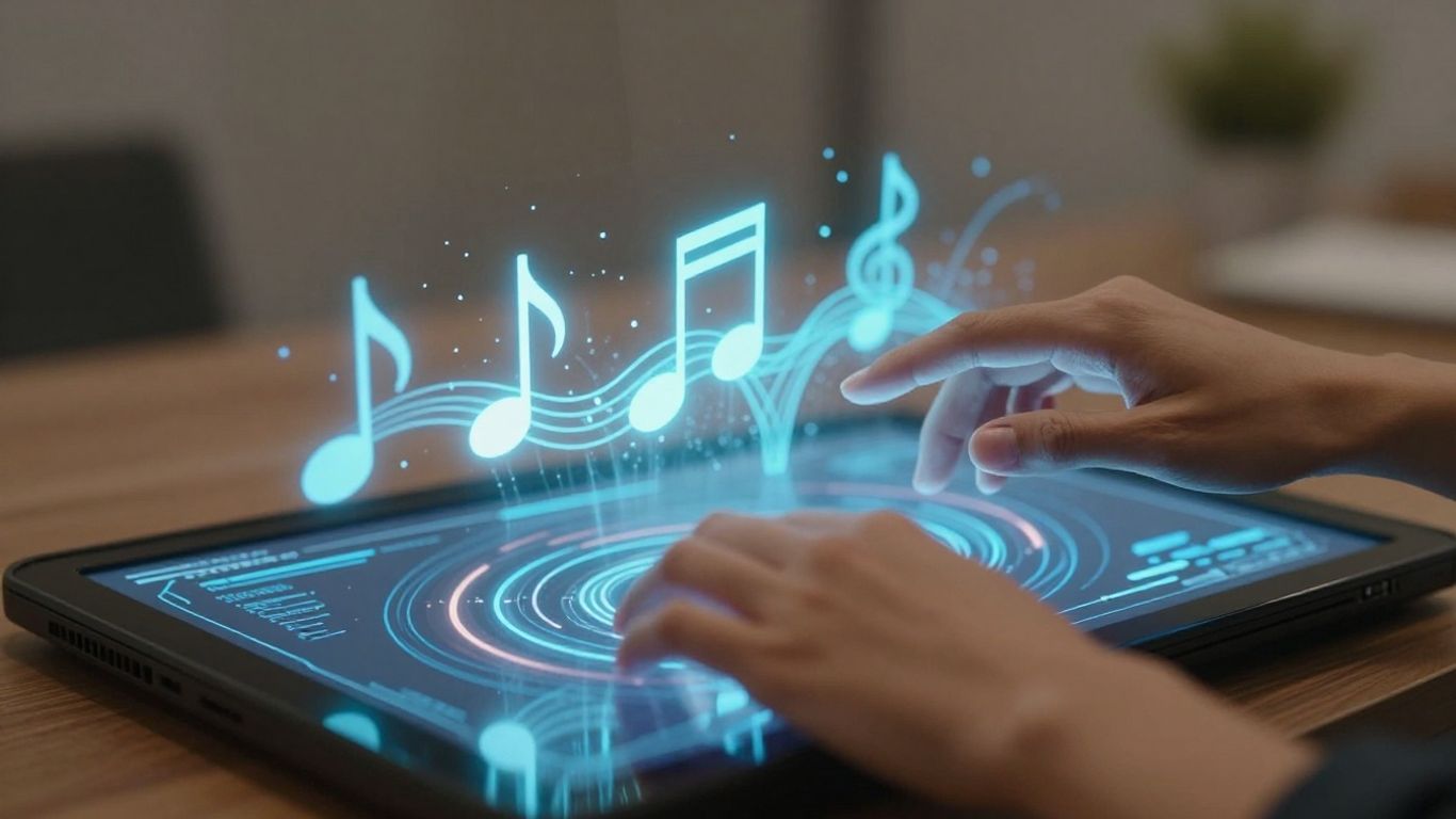 Hands creating AI music on a futuristic interface.