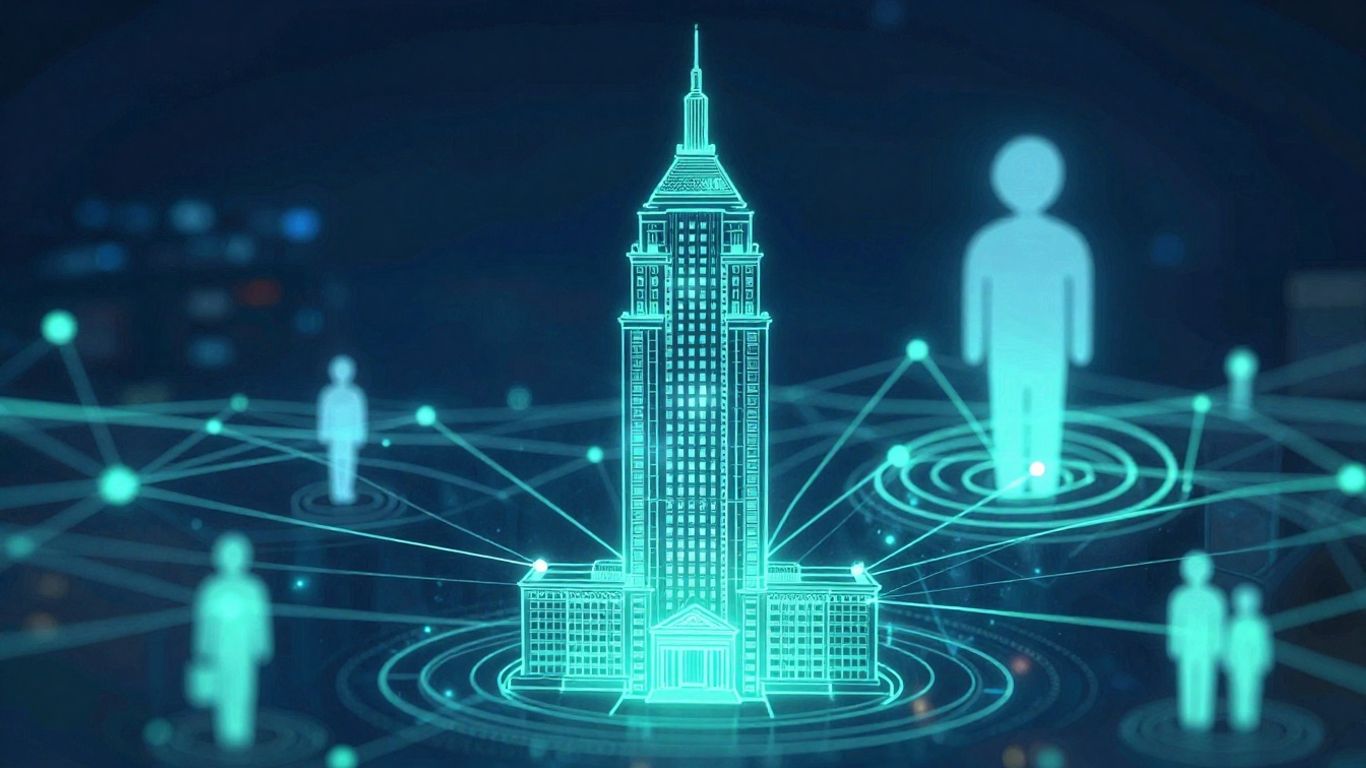 Blockchain network connecting to government building and citizen.