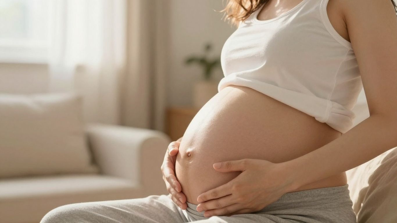 Mujer embarazada tocando su vientre en la semana 32.
