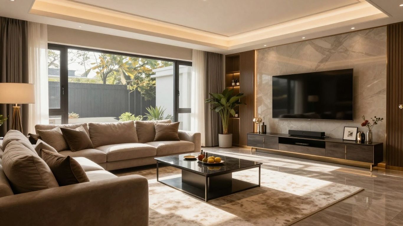 Finished basement living room with comfortable seating.