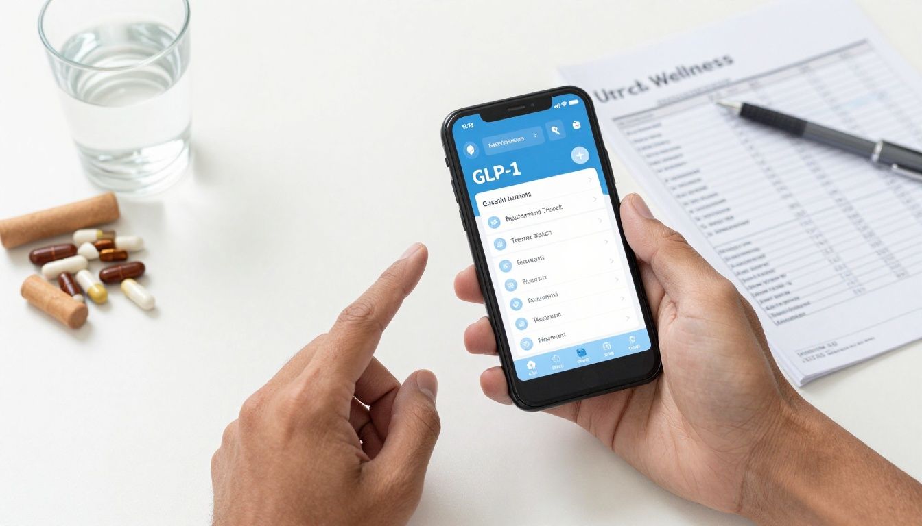 Realistic bright modern health-tech scene showing a diverse U.S. adult reviewing a GLP-1 treatment tracking app beside organized wellness notes, water, supplements, lab results, and fitness recovery items; clean contemporary setting, natural lighting, no text, no logos, no needles, no distorted hands.