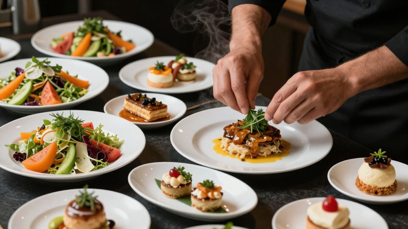 Gourmet food spread with appetizers, salads, and desserts.