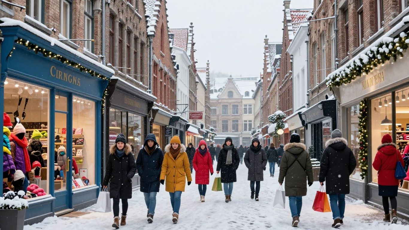 Belgische winterstraatscène met winkels en shoppers tijdens de uitverkoop.