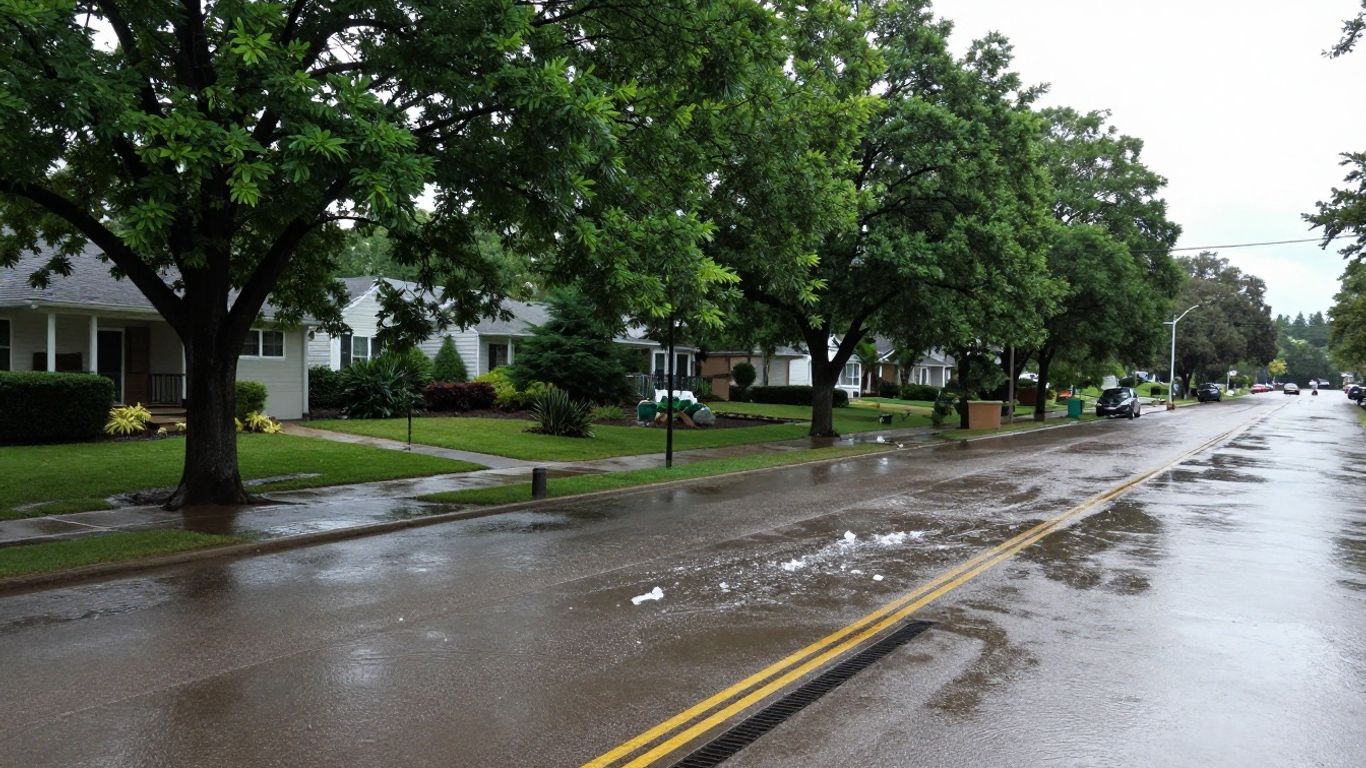 Flooded street with drainage systems and green trees.
