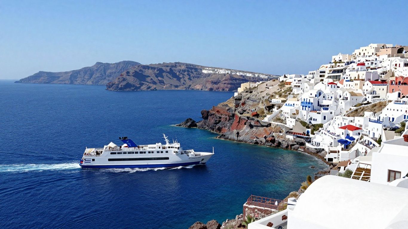 Ferry sailing towards Santorini's white villages.