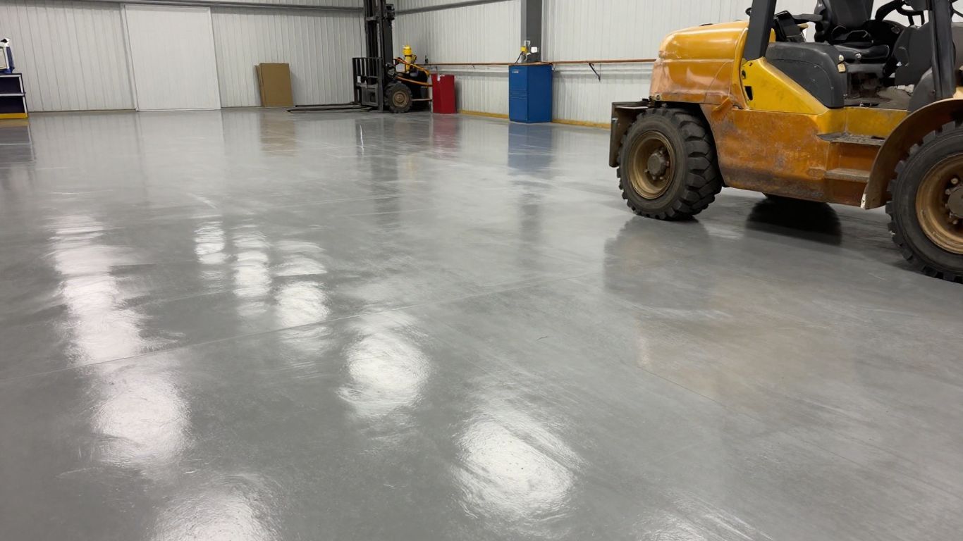 Epoxy floor withstanding heavy forklift traffic.