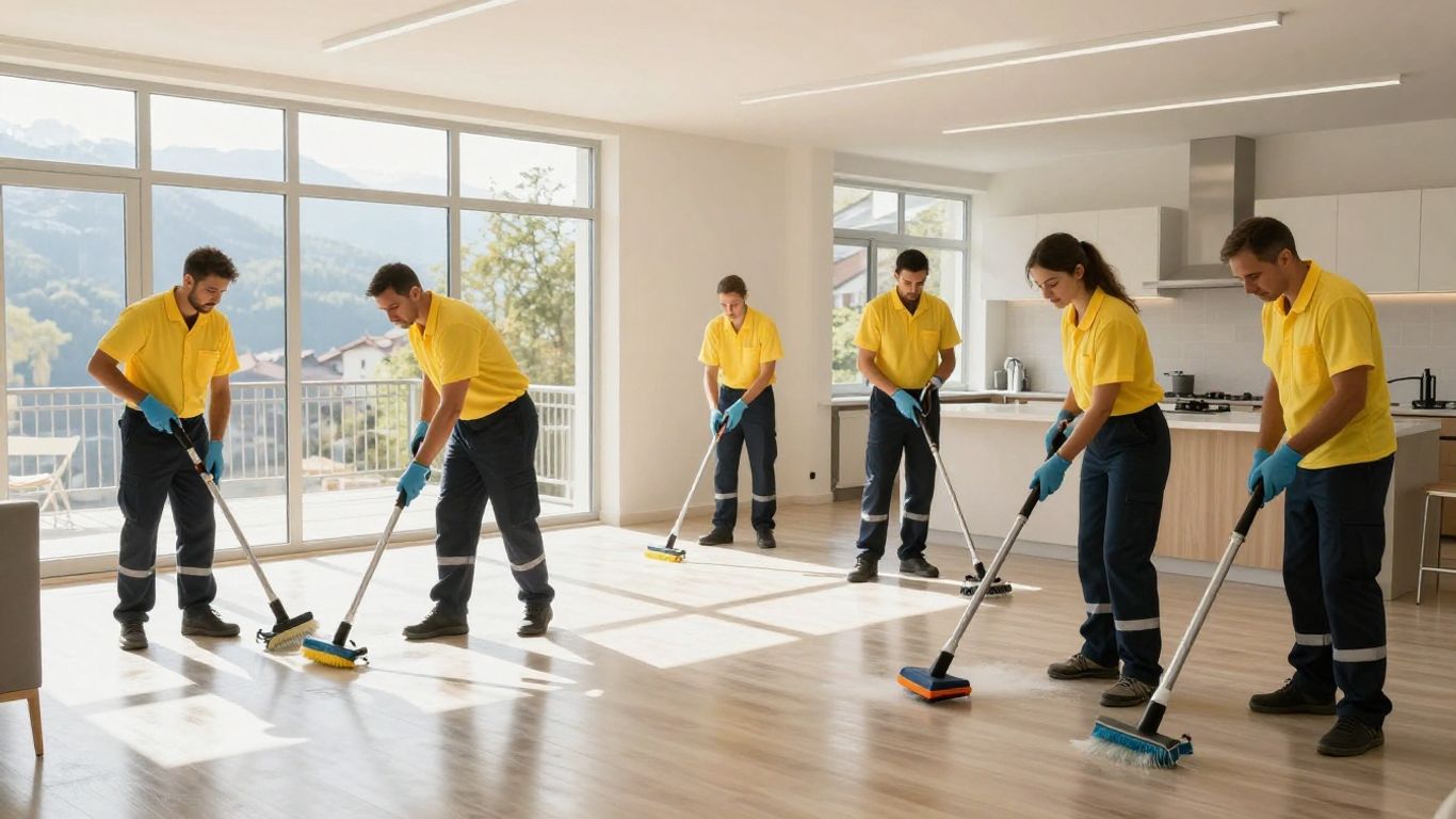 Équipe de nettoyage professionnelle dans un appartement moderne à Annecy.