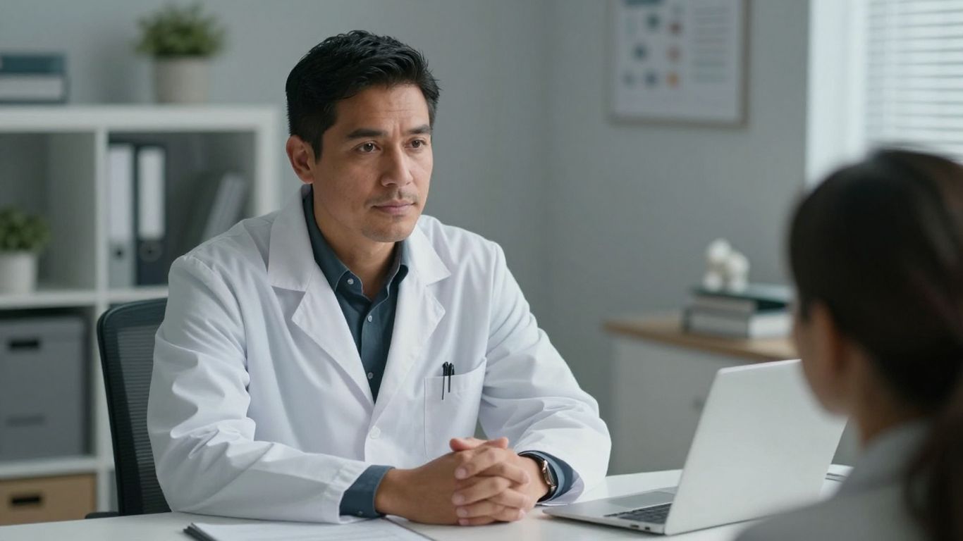 Psiquiatra em consultório com paciente, ambiente acolhedor.