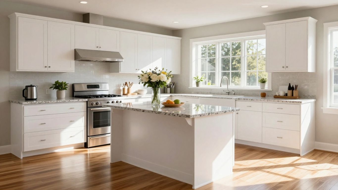 Modern kitchen remodel with white cabinets and granite island.