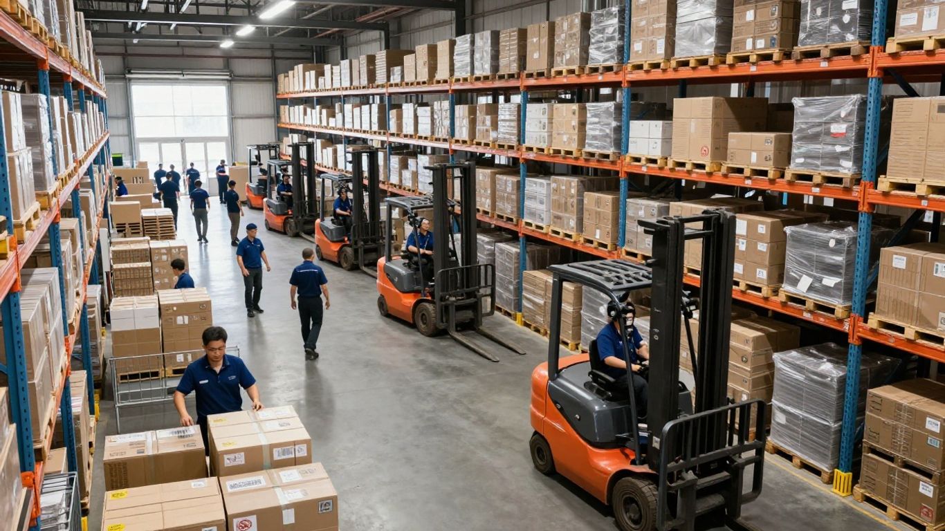 Distribution center operations team working efficiently with forklifts and inventory.