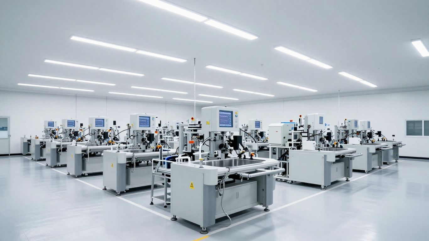 Industrial interior illuminated by high-performance LED lighting.