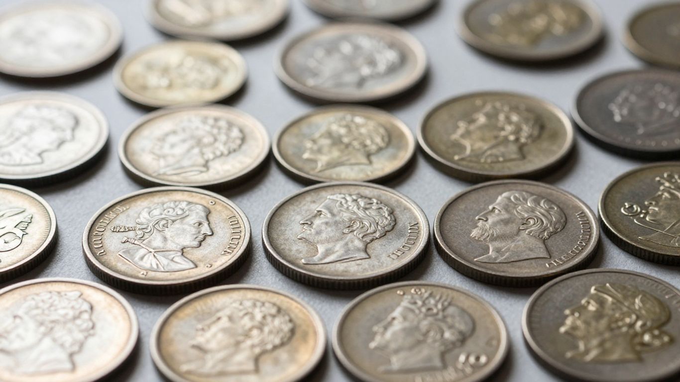 Collection of antique coins with varied designs and textures.