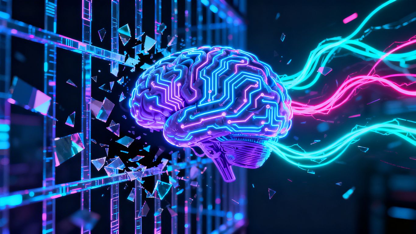 AI brain breaking free from digital cage, circuits glowing.