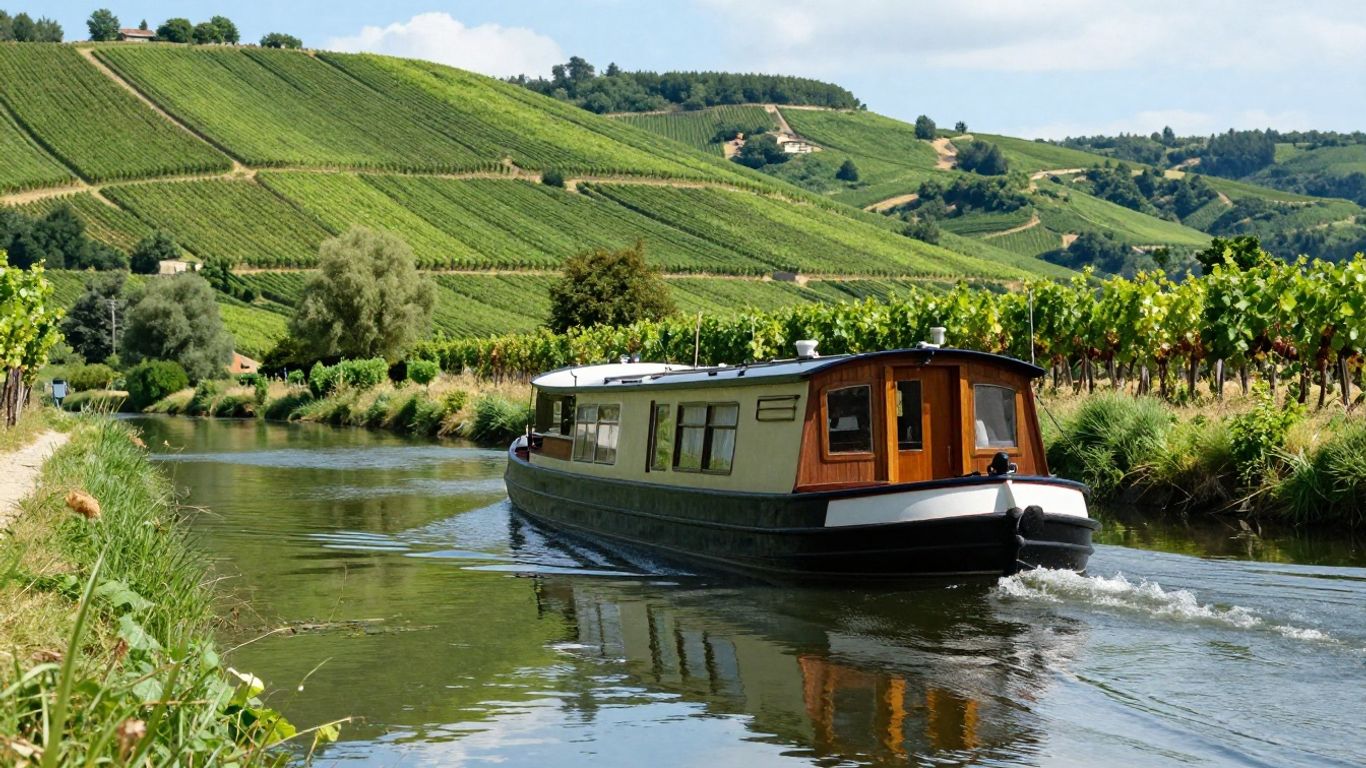 A serene canal boat near green French hills.