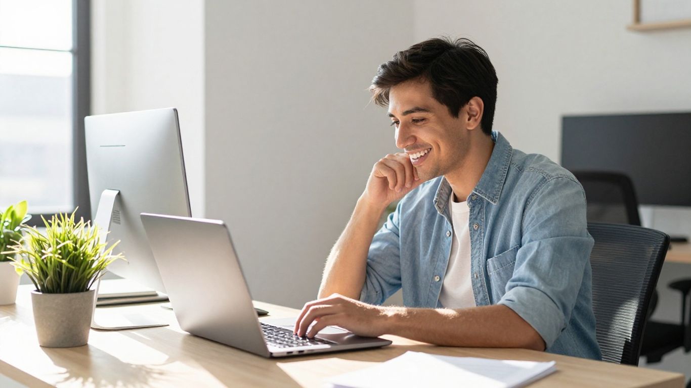 Person using Salesforce on a laptop in a bright office.