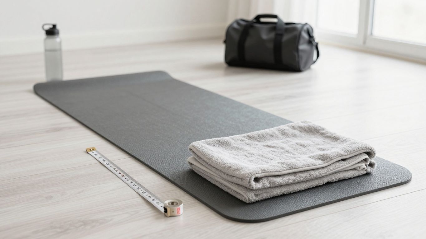 Folded yoga towel beside rolled mat