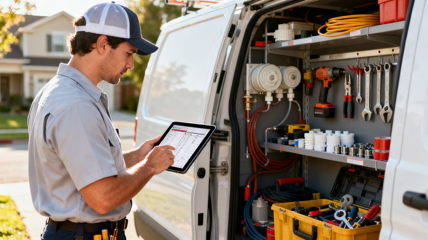 Technician reviewing field service software tablet