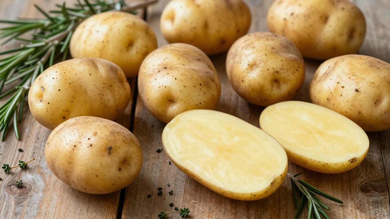 Biologische aardappelen op een rustieke tafel met kruiden.