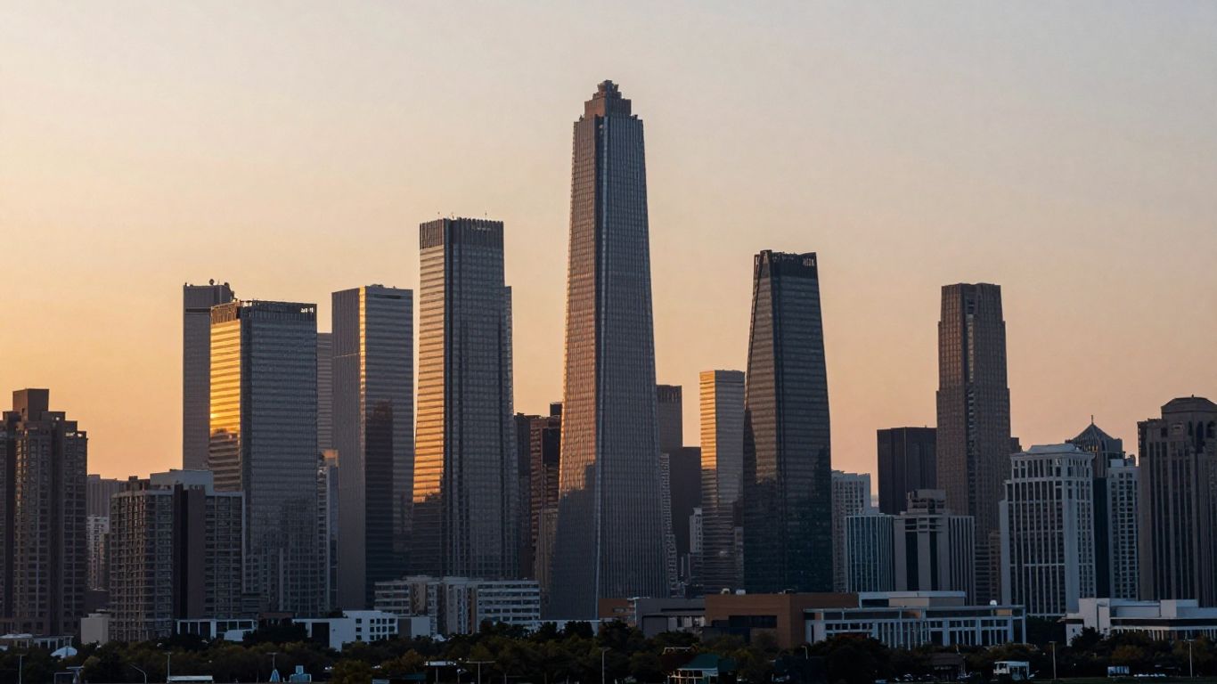 Cityscape with sun rising over skyscrapers