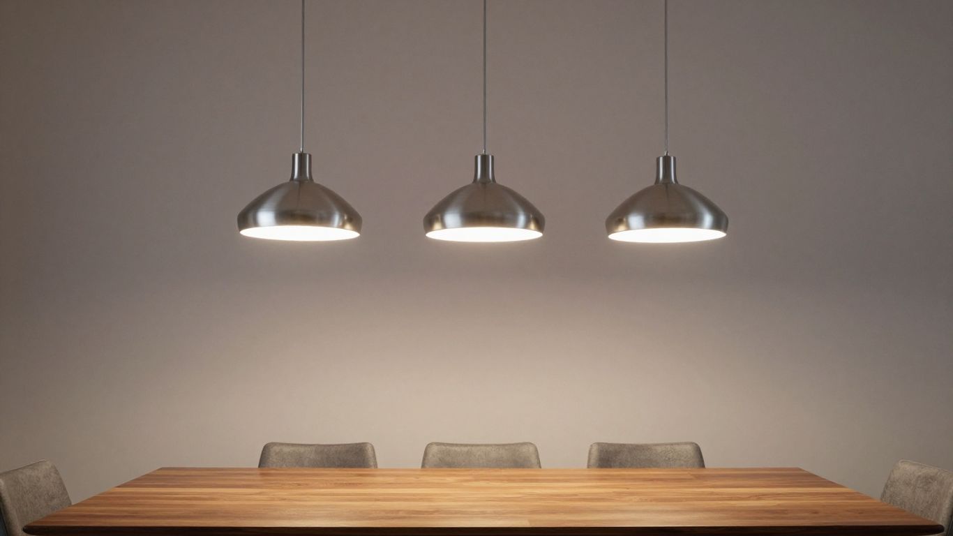 Stylish three-light pendant light over a dining table.