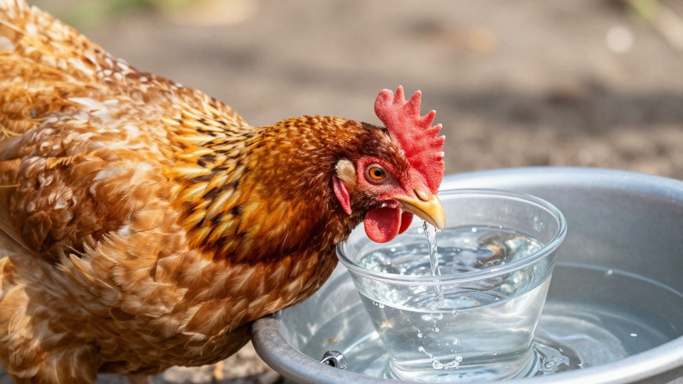 Kurczak pijący wodę z poidełka.
