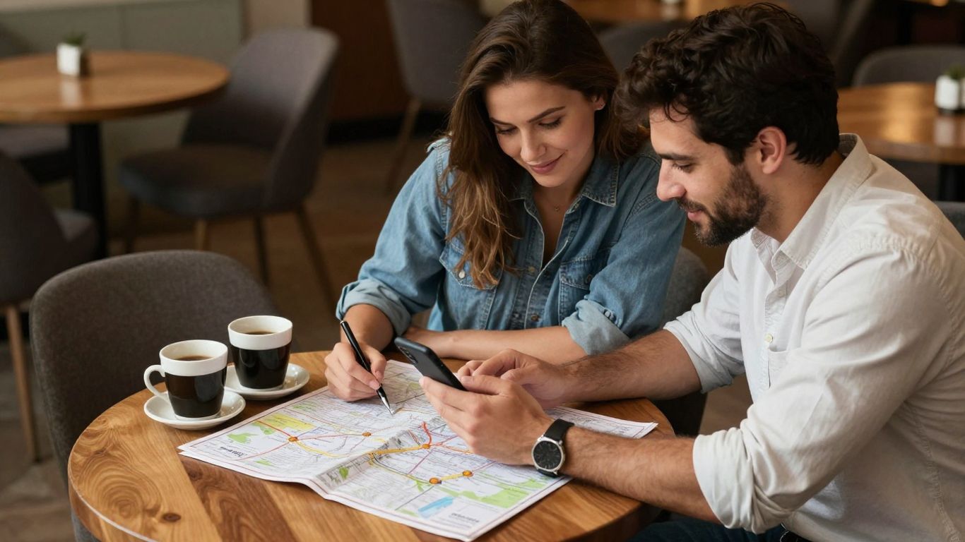 Couple consultant une réservation de week-end