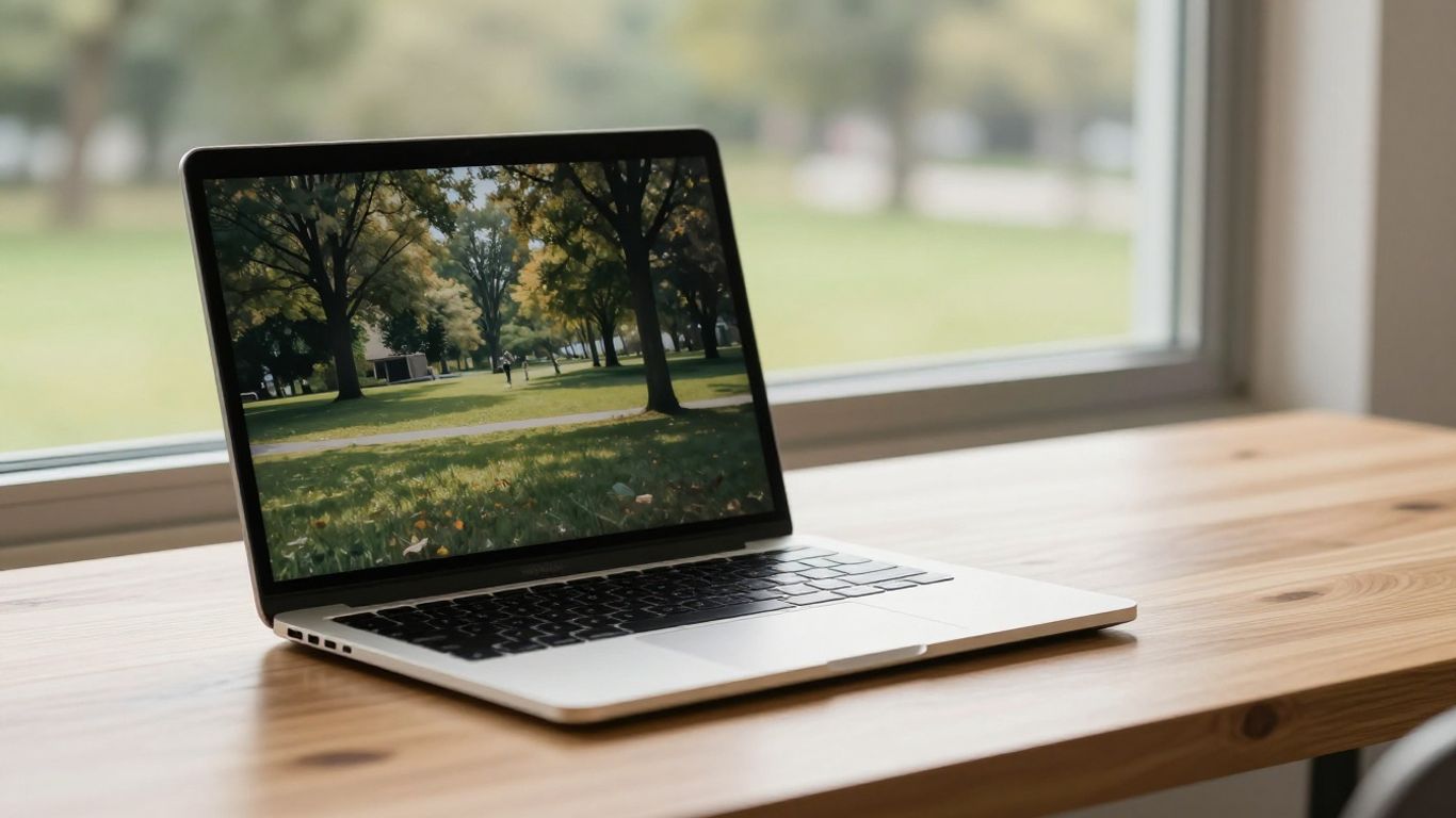 A laptop on a wooden desk near a window