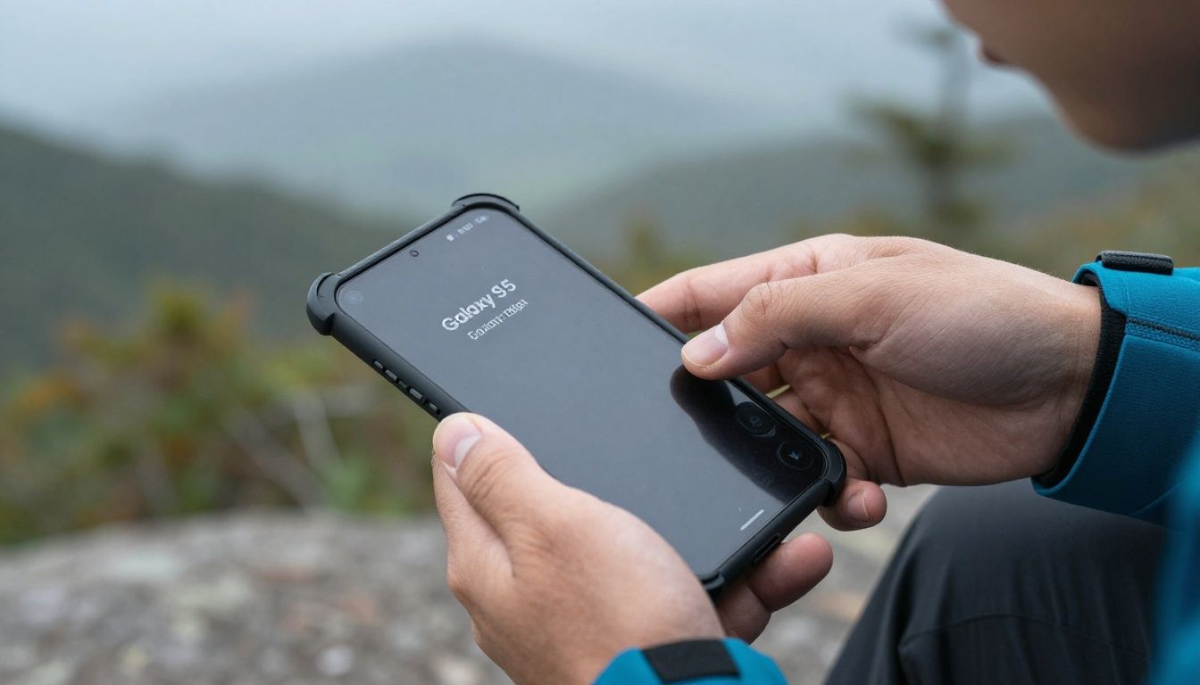 A person hiking in the Blue Mountains, carefully checking their Galaxy S25 Edge in a rugged case.