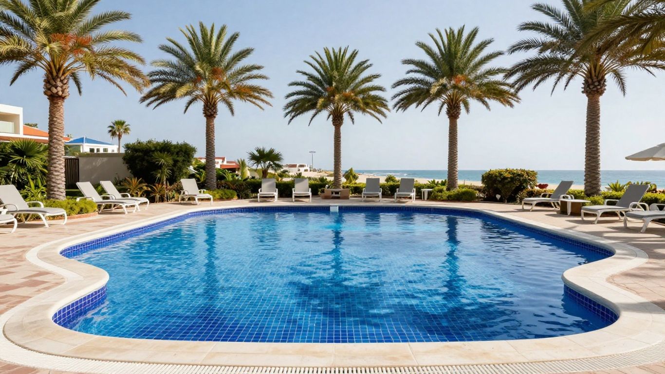 Resort swimming pool area with loungers
