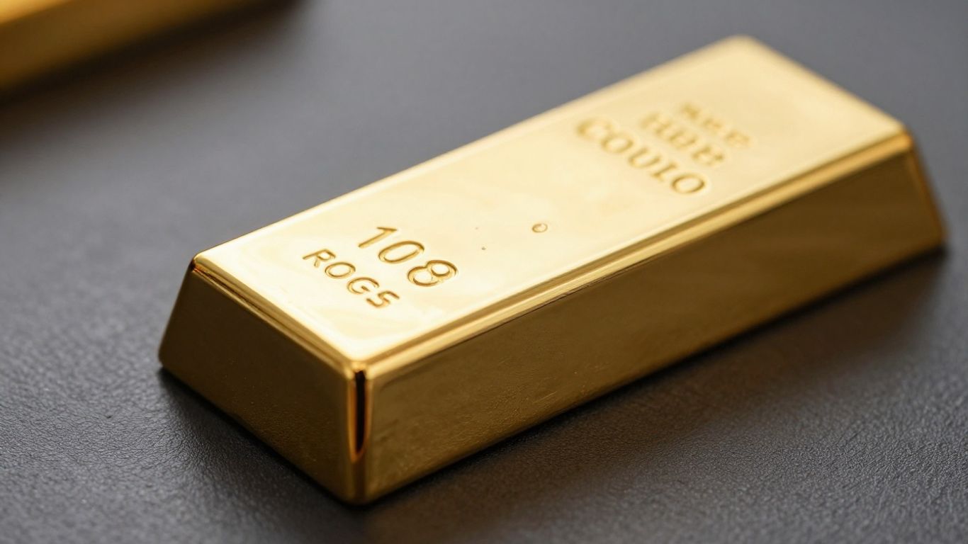 Gold bar on dark surface, Australian flag subtly in background.