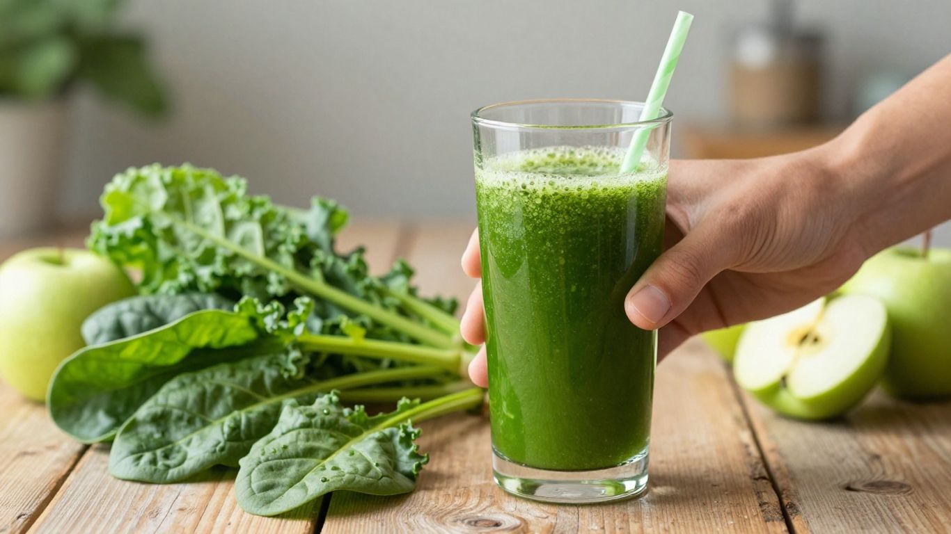 Person holding a glass of green juice with fresh ingredients.