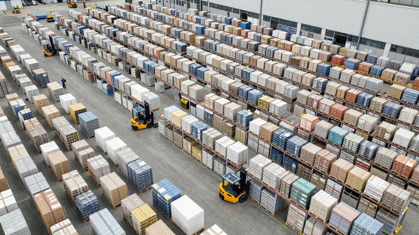 Distribution center operations with teams and forklifts.