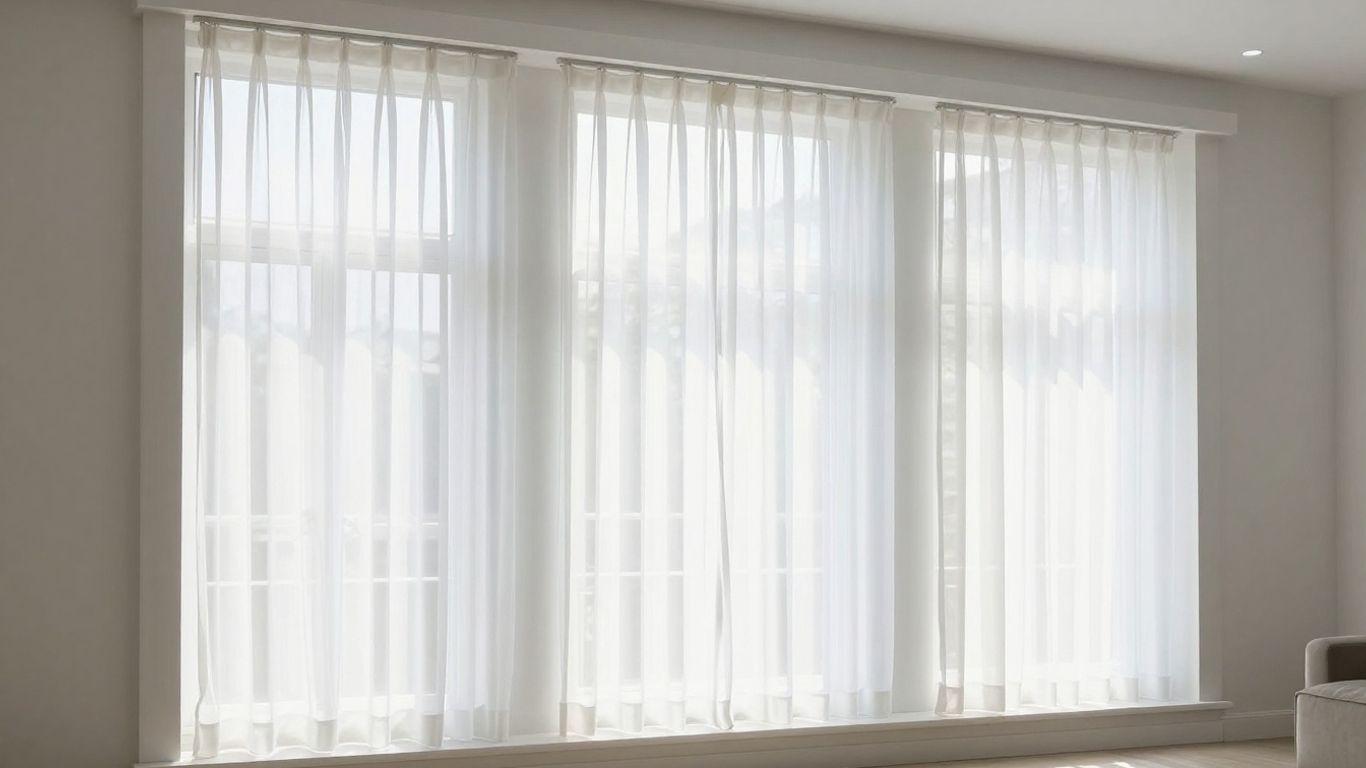 Modern casement window with sheer curtains and valance.