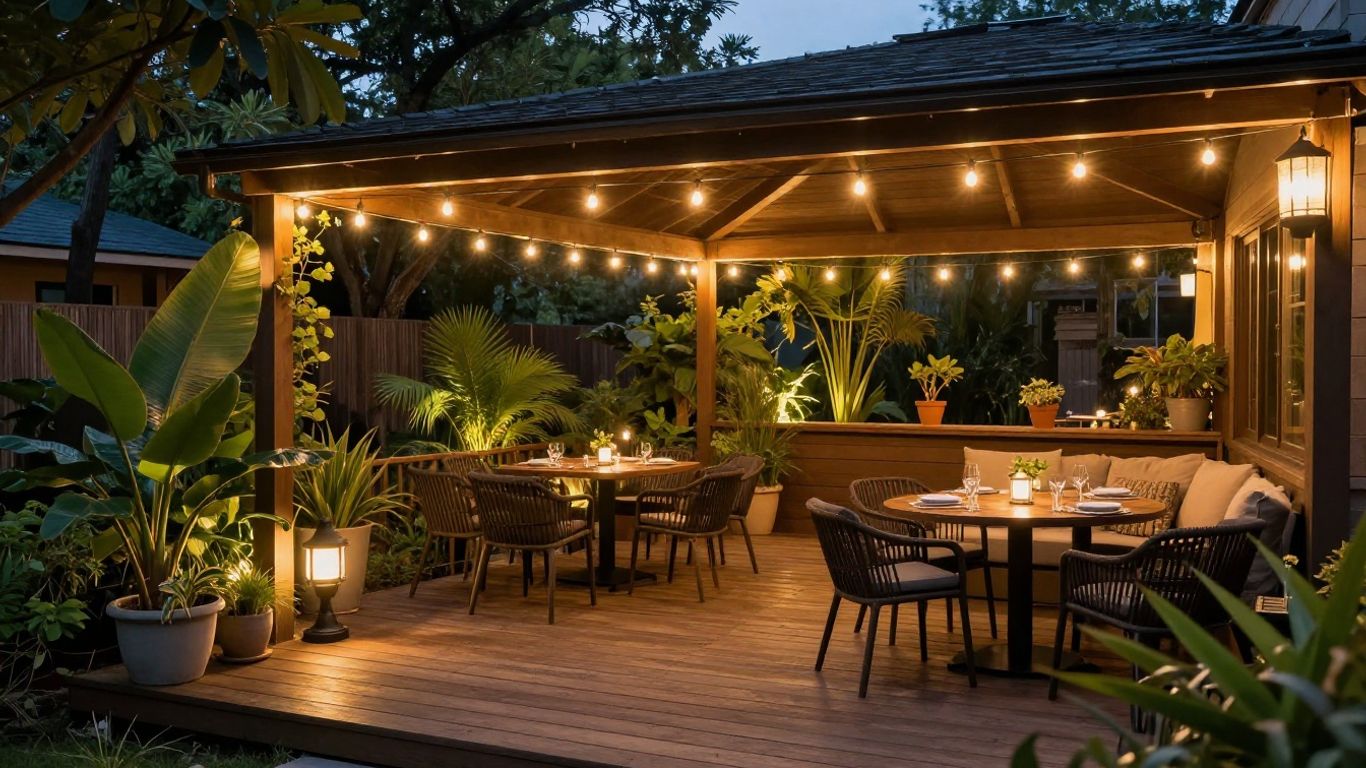 Patio and deck with string lights and uplighting.