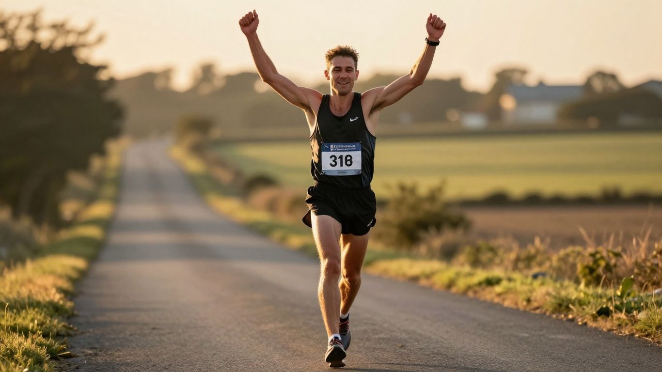 Runner crossing finish line, looking relaxed and ready.