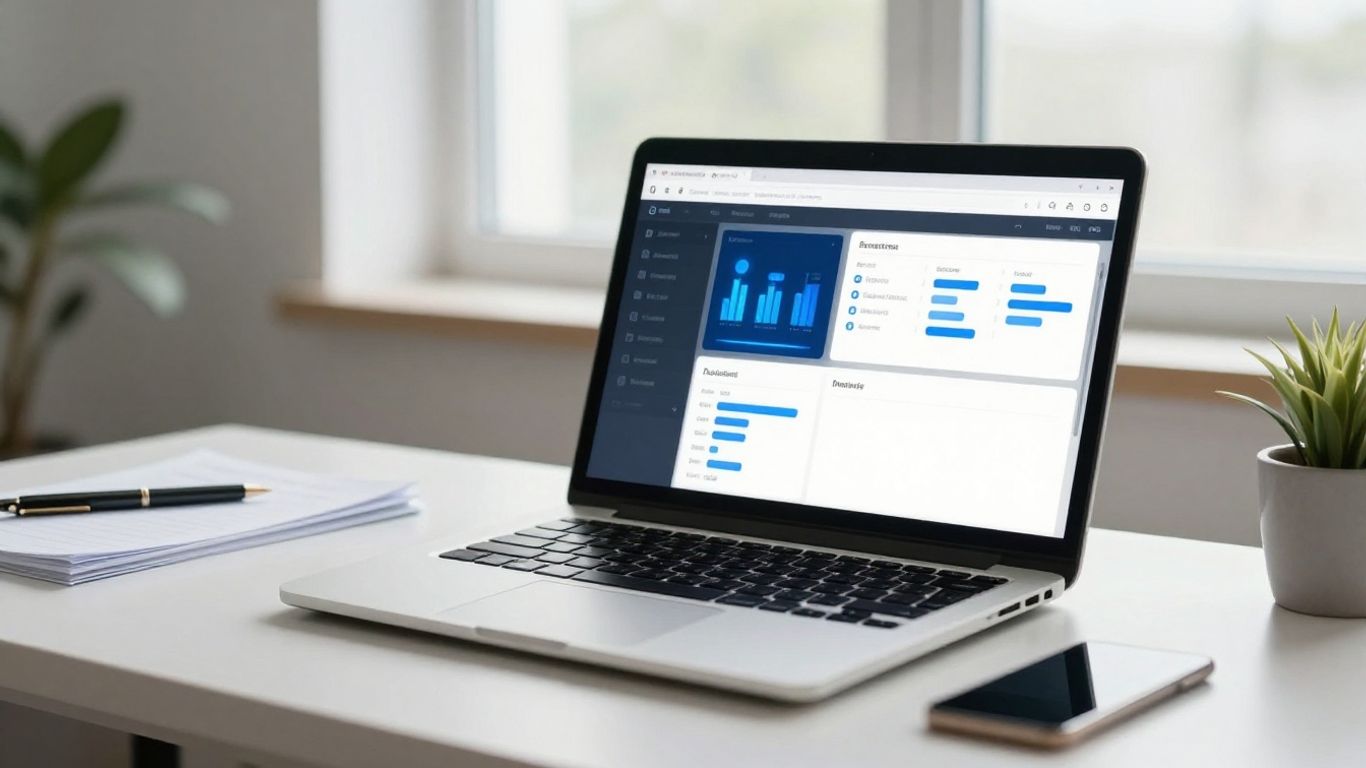 A clean office with digital workflow icons visible