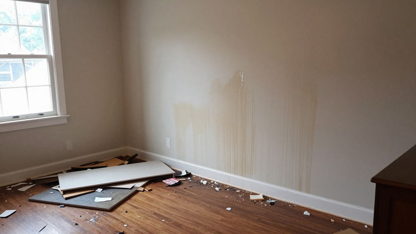 Dacula home interior with water damage and debris.