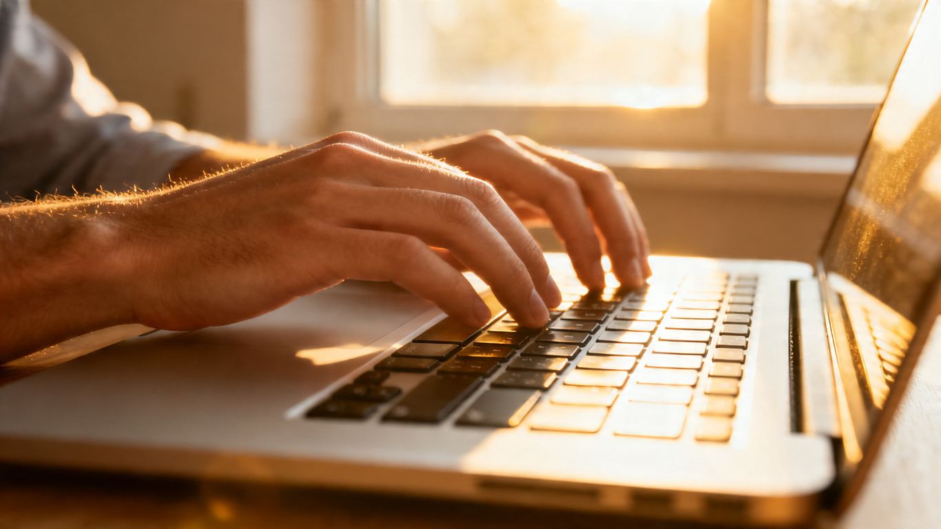 Hands typing on a laptop keyboard.
