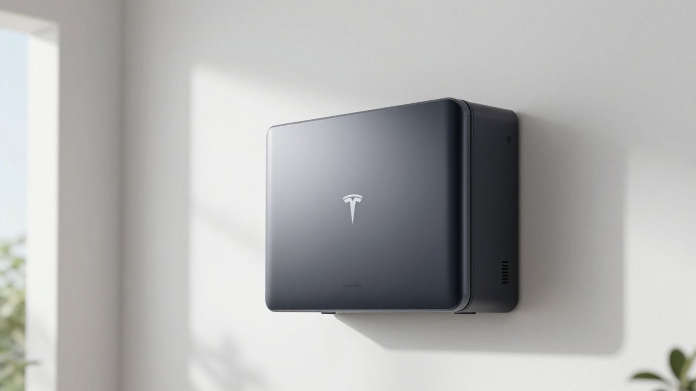 Tesla Powerwall unit on a white wall.